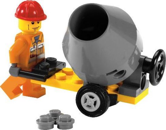 LEGO bouwvakker met oranje kleding en rode helm, naast een gele betonmolen.