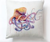 Kussenhoes Creme met Octopus. Decoratieve kussensloop creme, roze, oranje, rood, paars. Sierkussenhoes zee thema 45x45