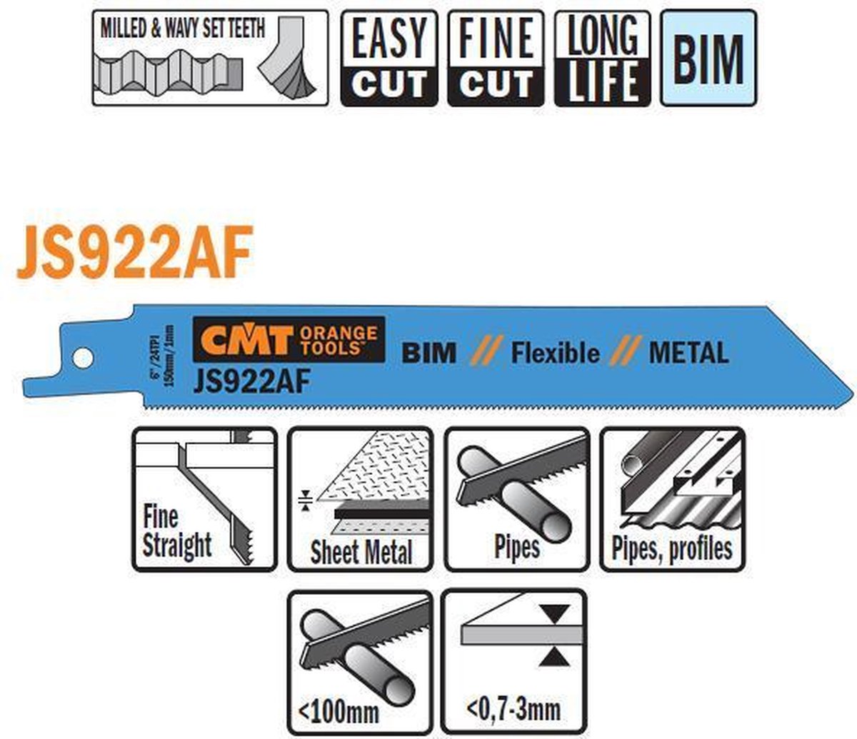 CMT JS922AF-5 Bi-metaal reciprozaagblad 150 x 0,9 mm. 24tpi (plaatstaal, buizen, buizen/profielen)
