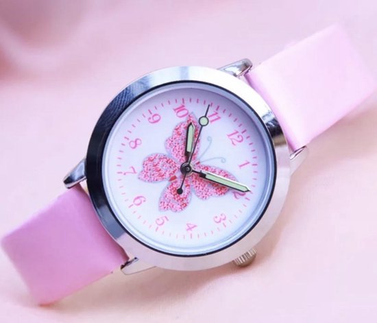 karbonade ondernemer parachute Meisjes horloge met vlinder afbeelding en roze leer bandje. | bol.com