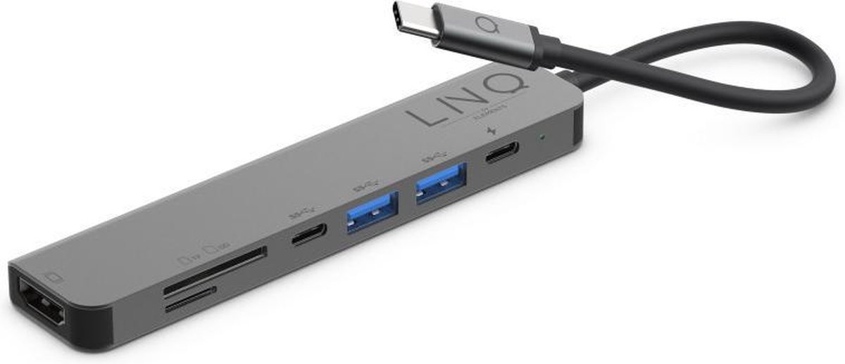 LINQ 7 in 1 Type C USB Hub Adapter - HDMI 4K 60Hz - SD - Micro SD - 2 x USB-A 3.1 - USB C 5Gbps data - tot 100W USB C power delivery