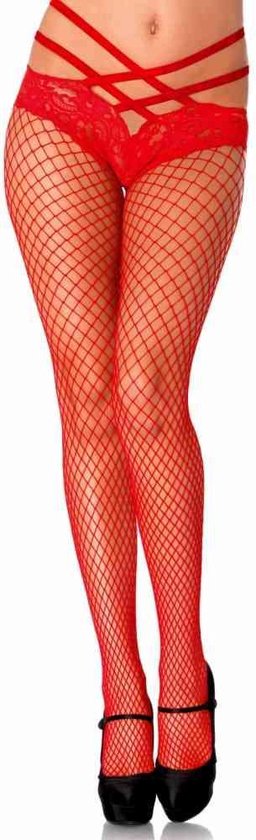 Rode netpanty met kanten slip en gekruiste bandjes.