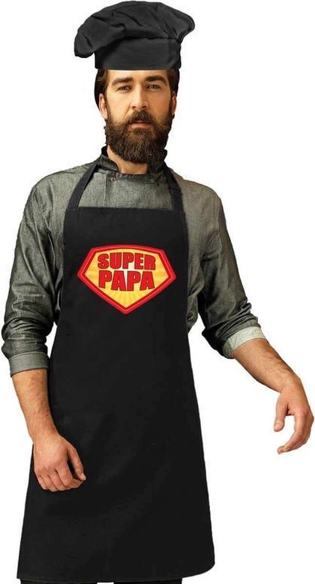 Super papa BBQ / keukenschort zwart heren met zwarte koksmuts