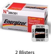 2 stuks (2 blisters a 1 stuk) Energizer Zilver Oxide Knoopcel batterij 301/386