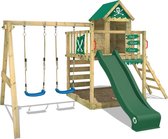 WICKEY speeltoestel klimtoestel Smart Cave met schommel & groene glijbaan, outdoor klimtoren voor kinderen met zandbak, ladder & speelaccessoires voor de tuin