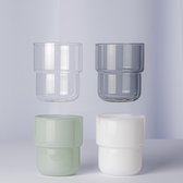 4 massief gekleurde borosilicaat stapel glazen 250 ml, mint groen - wit - grijs - transparant. 100% vaadwasser veilig Nederlands ontwerp Maarten Baptist