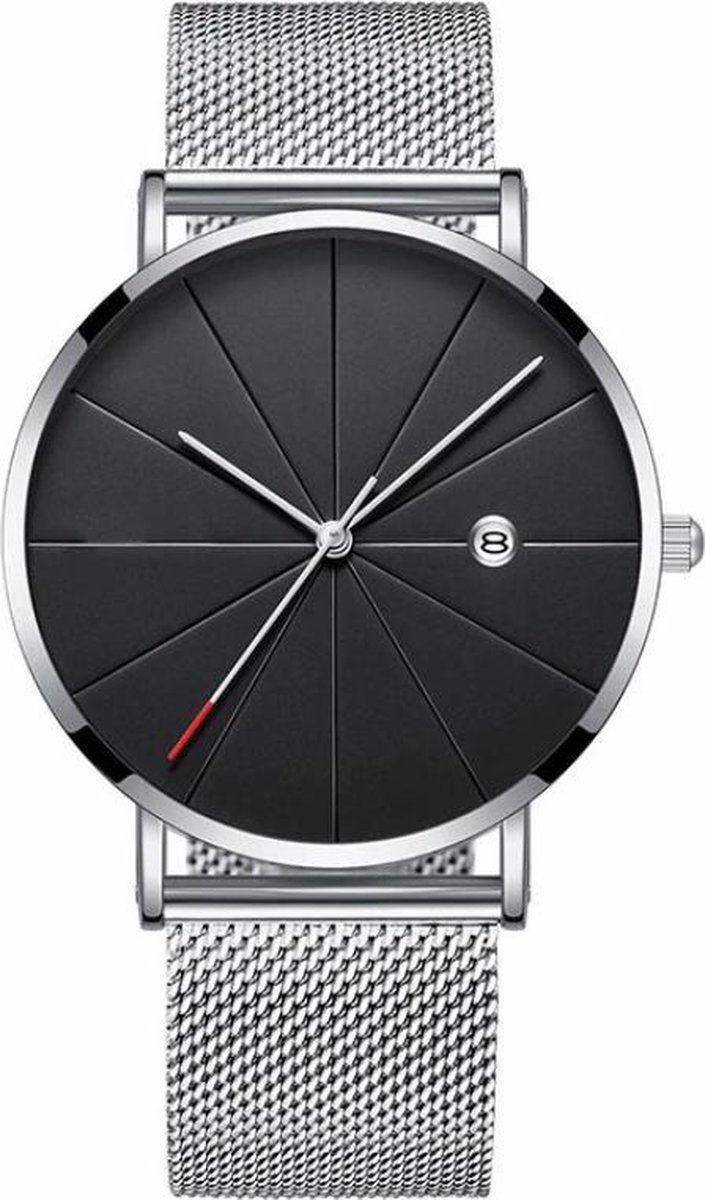 Fako® - Horloge - Mesh - Chicago - Ø 40mm - Zilver-Zwart