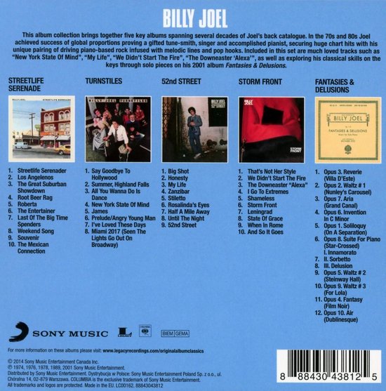 Cd-hoes van Billy Joel met vijf albums, waaronder 'Streetlife Serenade' en 'Storm Front'.