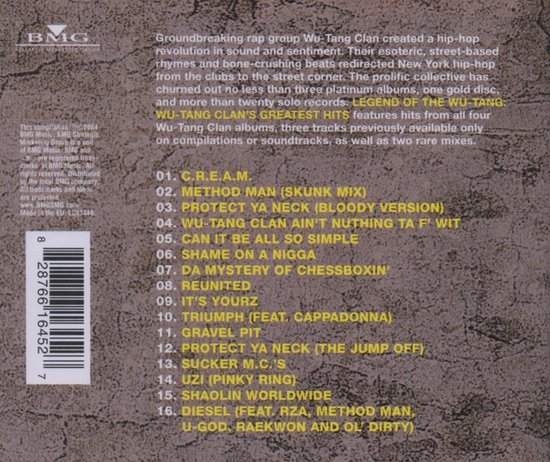 Achterkant van de albumhoes met de tracklist in gele letters op een bruine, verweerde achtergrond. Traklist met 16 nummers, waaronder 'C.R.E.A.M.' en 'Method Man'.