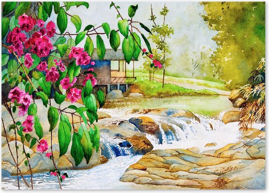 Graphic Message Schilderij op Canvas - Huis bij Rivier met Bloemen - Landschap Azië - Thailand