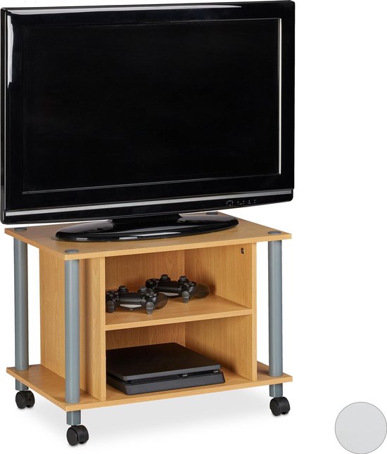 Relaxdays tv-kast verrijdbaar tv meubel - wielen - 2 vakken - televisietafel - houtlook | bol.com