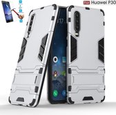 Huawei P30 Kickstand Shockproof Zilver Cover Case Hoesje - 1 x Tempered Glass Screenprotector A3TBL