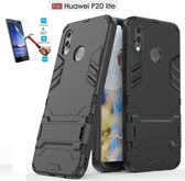 Huawei P20 Lite Kickstand Shockproof Zwart Cover Case Hoesje - 1 x Tempered Glass Screenprotector A3TBL