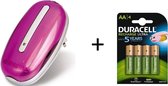Duracell Mini Lader Roze + 4 Duracell AA Oplaadbare Batterijen - 2500 mAh