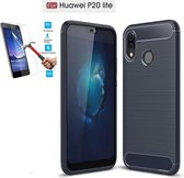 Huawei P20 Lite Carbone Brushed Tpu Blauw Cover Case Hoesje - 1 x Tempered Glass Screenprotector CTBL