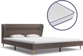 Bed met Traagschuim Matras taupe 160x200 cm Stof met LED (Incl LW Led klok) - Bed frame met lattenbodem - Tweepersoonsbed Eenpersoonsbed