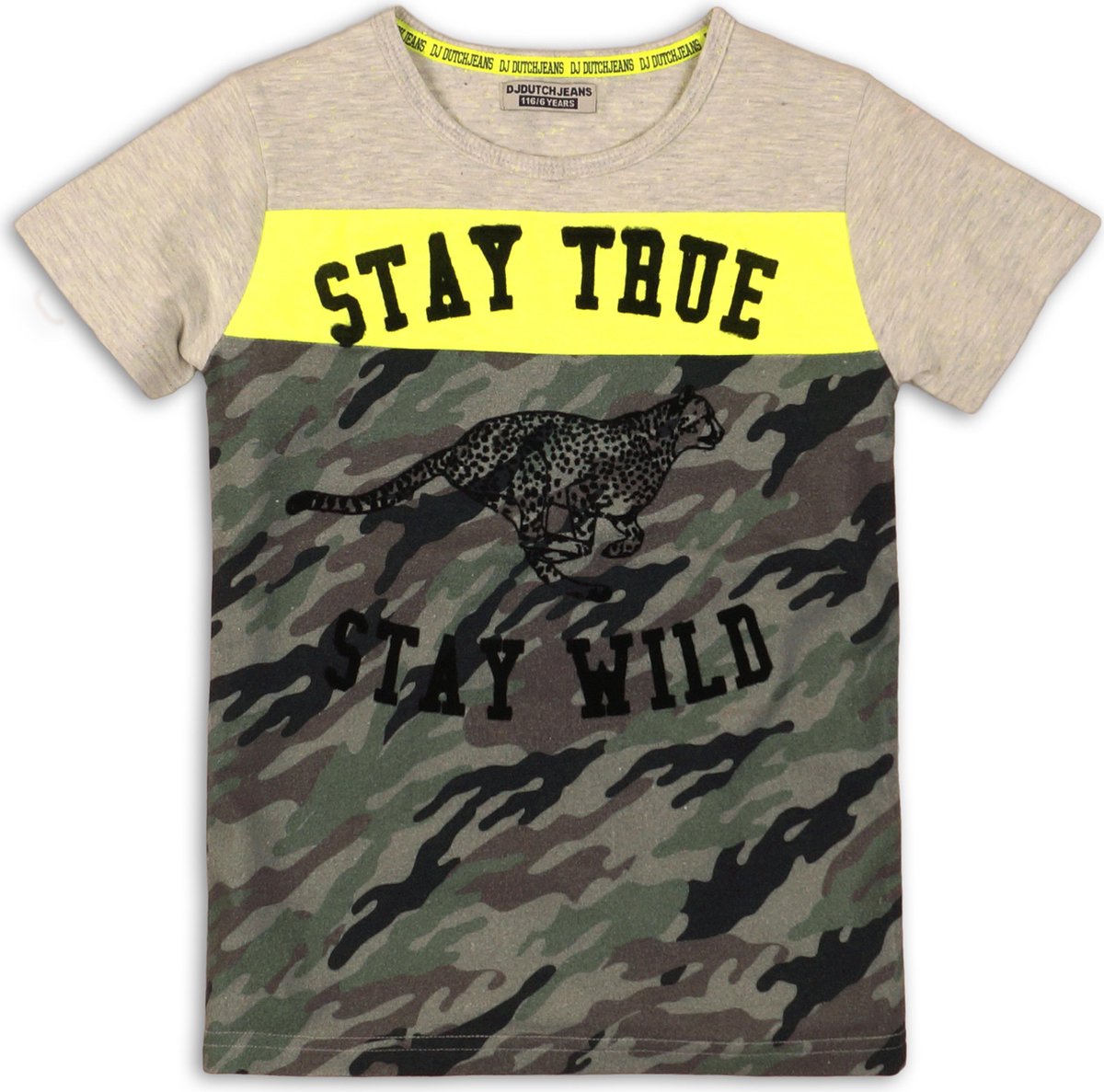 DJ Dutchjeans Jongens T-shirt - Grey melee + neon yellow + army green - Maat 98