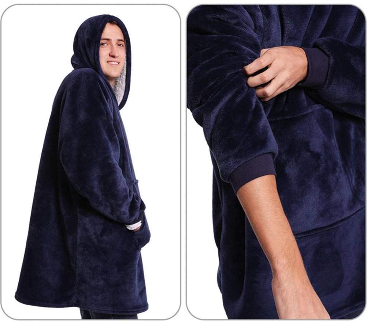 Extra lange hoodie deken sweatshirt, super warm en gezellig grote deken hoodie, draagbare dikke flanellen deken met mouwen en handige zakken voor vrouwen en mannen, Blauw, L/XL