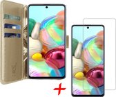 Hoesje geschikt voor Samsung Galaxy A71 - Screen Protector GlassGuard - Book Case Leer Pasjeshouder Goud & Screenprotector