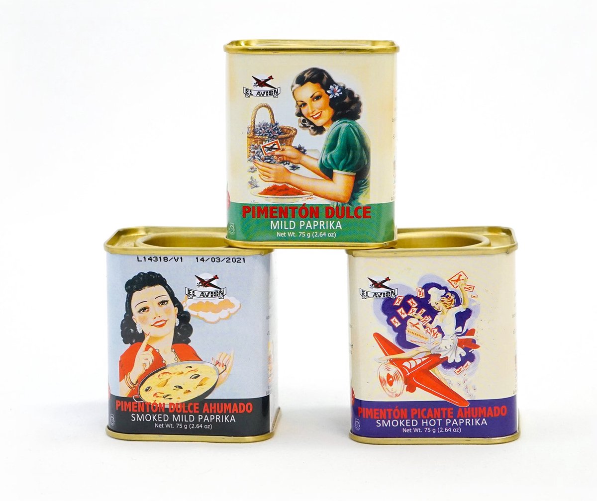 Goedkoopste 3 blikken (160gr per blik) Spaanse vintage set van paprika van verschillende smaken. Geniet van Spanje in je eten