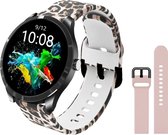 Belesy® Q9 Pro - Smartwatch Dames – Smartwatch Heren - Horloge - 1.28 inch - Kleurenscherm - Stappenteller - Bloeddruk - Hartslag - 75+ Wijzerplaten – Sporten – Siliconen - Panterprint - Roze - Kerstcadeau