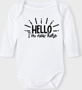 Baby Rompertje met tekst 'Hello, i'm new here' | Lange mouw l | wit zwart | maat 62/68 | cadeau | Kraamcadeau | Kraamkado