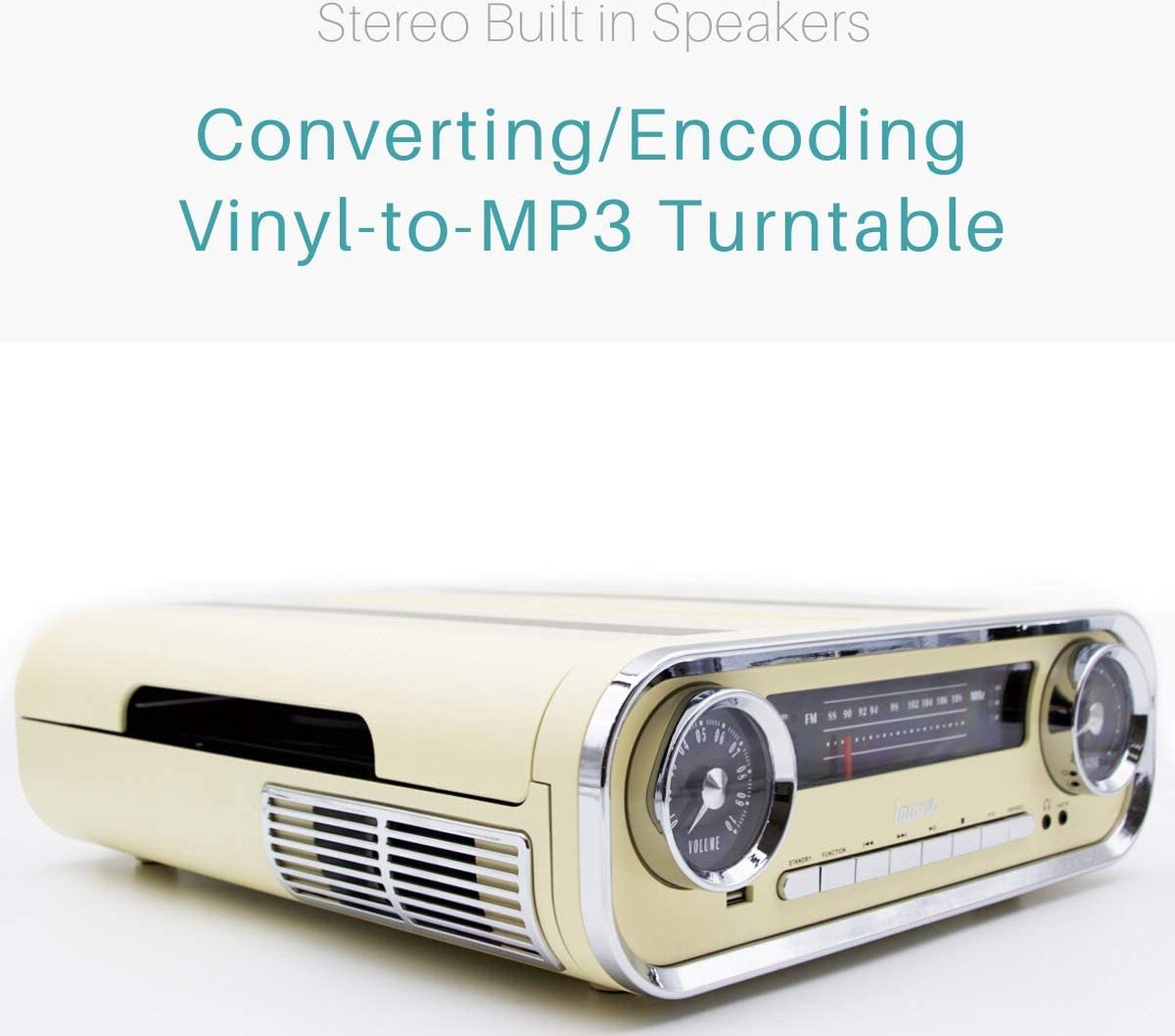 Lauson 01TT15 Tocadiscos Diseño Vintage Coche de Colección con 2 Altavoces Estéreo Integrado de 3 W | Tocadisco Vinilo con Radio FM, Función Bluetooth, USB, AUX | 3 Velocidades (33, 45, 78) (Crema