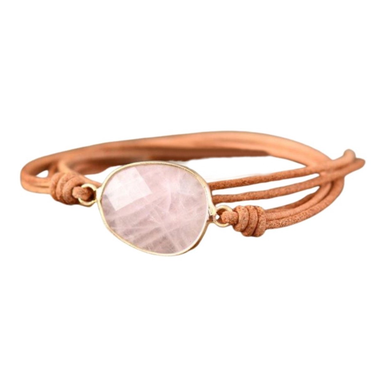 Marama - wikkelarmband Rozenkwarts - lichtbruin leer - damesarmband - 80 cm.