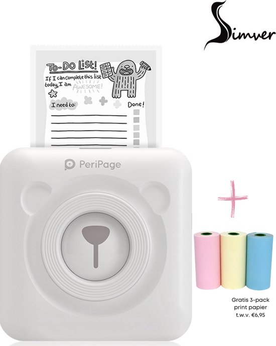 Printer Simver Pocket, Mini Printer, Imprimante Polaroid, Papier inclus  - Wit
