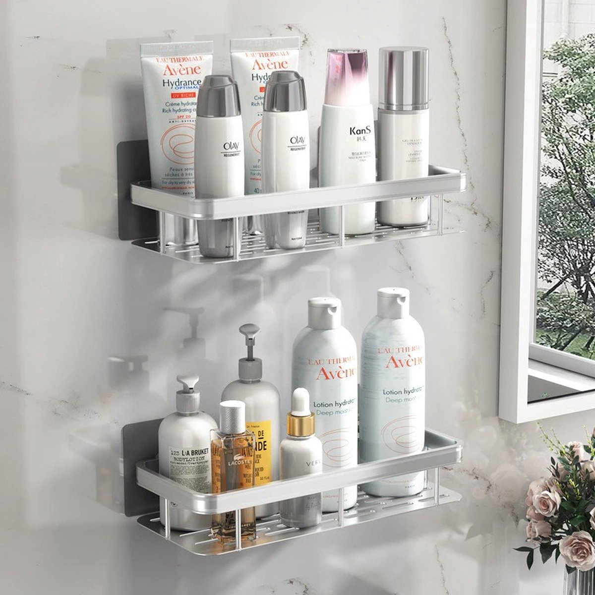 SAFFRUFF Badkamer Rek Shower Shelf Bathroom Organizer Doucherek Doucherek Zonder Boren Kitchen Organizer Badkamer Accessoires Opbergen En Organiseren