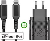 Snellader - Fast Dual Charger 20w + Ultra Strong Nylon USB-C naar Lightning Kabel 2m - Zwart - MFi Gecertificeerd