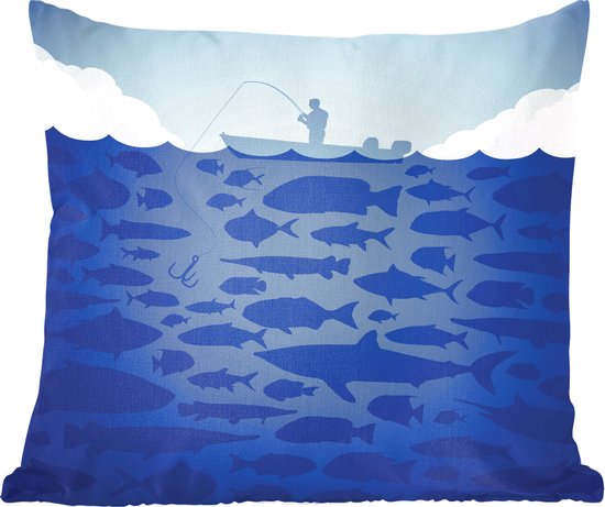Sierkussens - Kussen - Illustratie van een man die aan het vissen is - 45x45 cm - Kussen van katoen