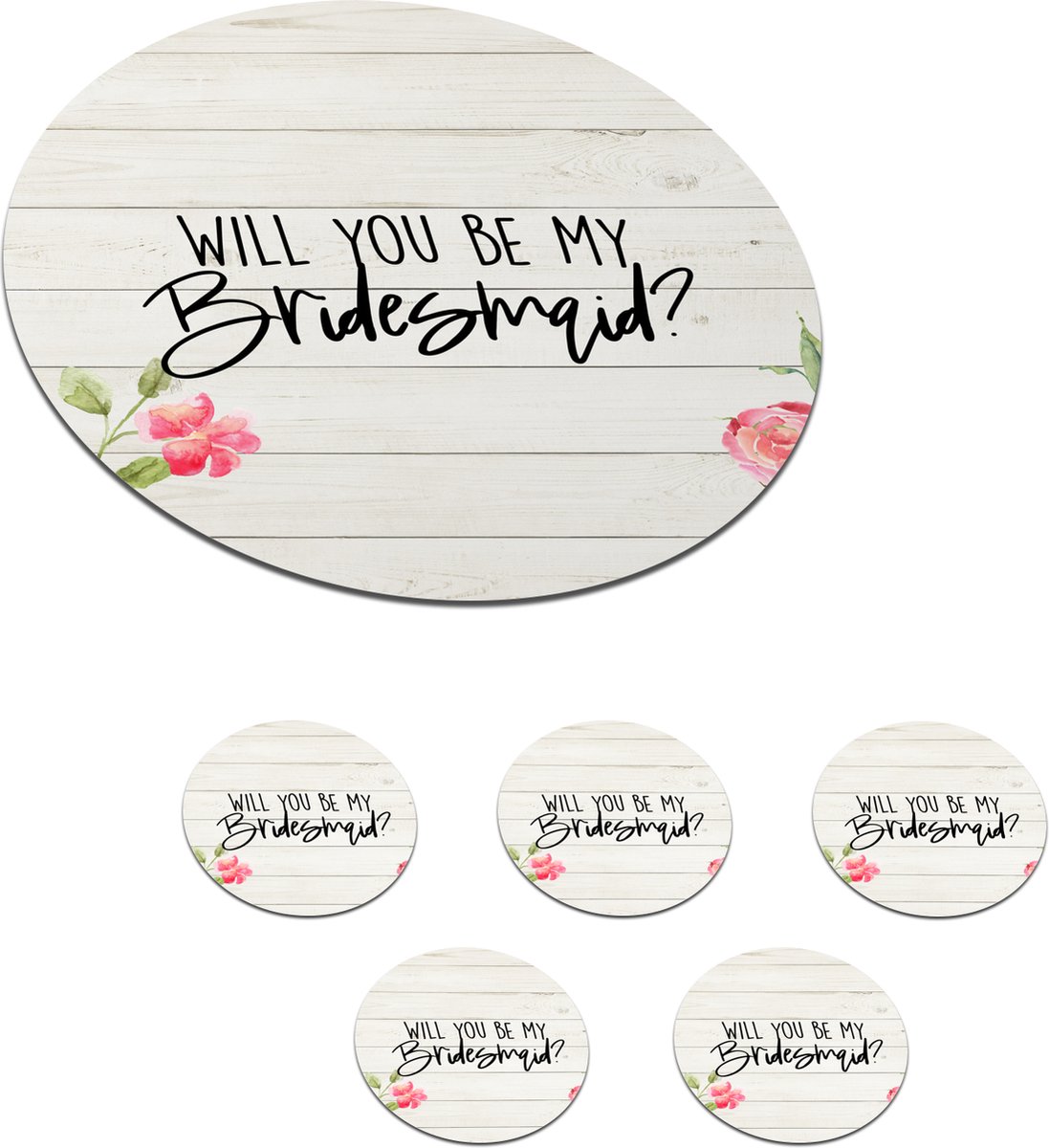 Onderzetters voor glazen - Rond - Bruidsmeisje - 'Will you be my bridesmaid?' - Quotes - Spreuken - 10x10 cm - Glasonderzetters - 6 stuks