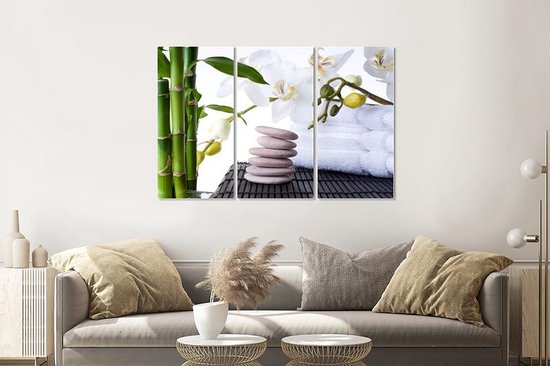 Schilderij - Orchidee, Zen stenen en bamboe, 120x80cm, 3 luik, premium print