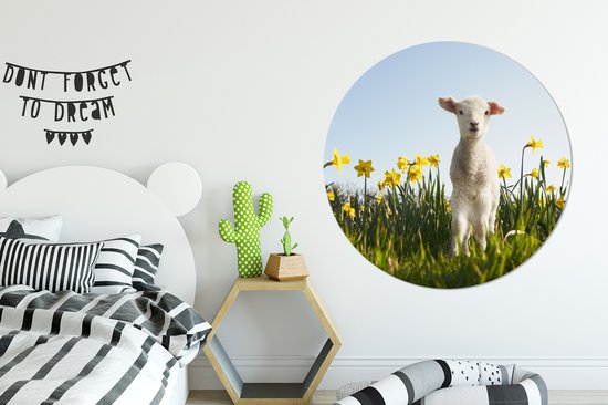 Wallpaper Circle - Agneau - Fleurs - Jonquilles - 120x120 cm - Wall Circle - Auto-Adhésif - Rond Papier Peint Autocollant XXL