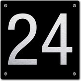 Huisnummerbord - huisnummer 24 - zwart - 12 x 12 cm - rvs look - schroeven - naambordje - nummerbord  - voordeur