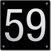 Huisnummerbord - huisnummer 59 - zwart - 12 x 12 cm - rvs look - schroeven - naambordje - nummerbord  - voordeur
