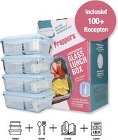 Preppers® Volledig Meal Prep Pakket - Meal Prep Bakjes - Glas met 2 Compartimenten 1L – Glazen Vershoudbakjes 4 Stuks - Lunchbox Volwassenen Bestek + Labels + E-book met 100+ Gerec