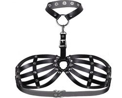 Nooitmeersaai - Harnas Vrouw - PU Leer - Bondage BH met Halsband - BDSM - Bondage Harnas - Borsten en Nek