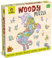 Ludattica Puzzels: WOODY PUZZEL LANDSCHAP 25x35cm, 48-delig, 12 figuurtjes, in hout , 3+ - Houten puzzel Eenhoorn