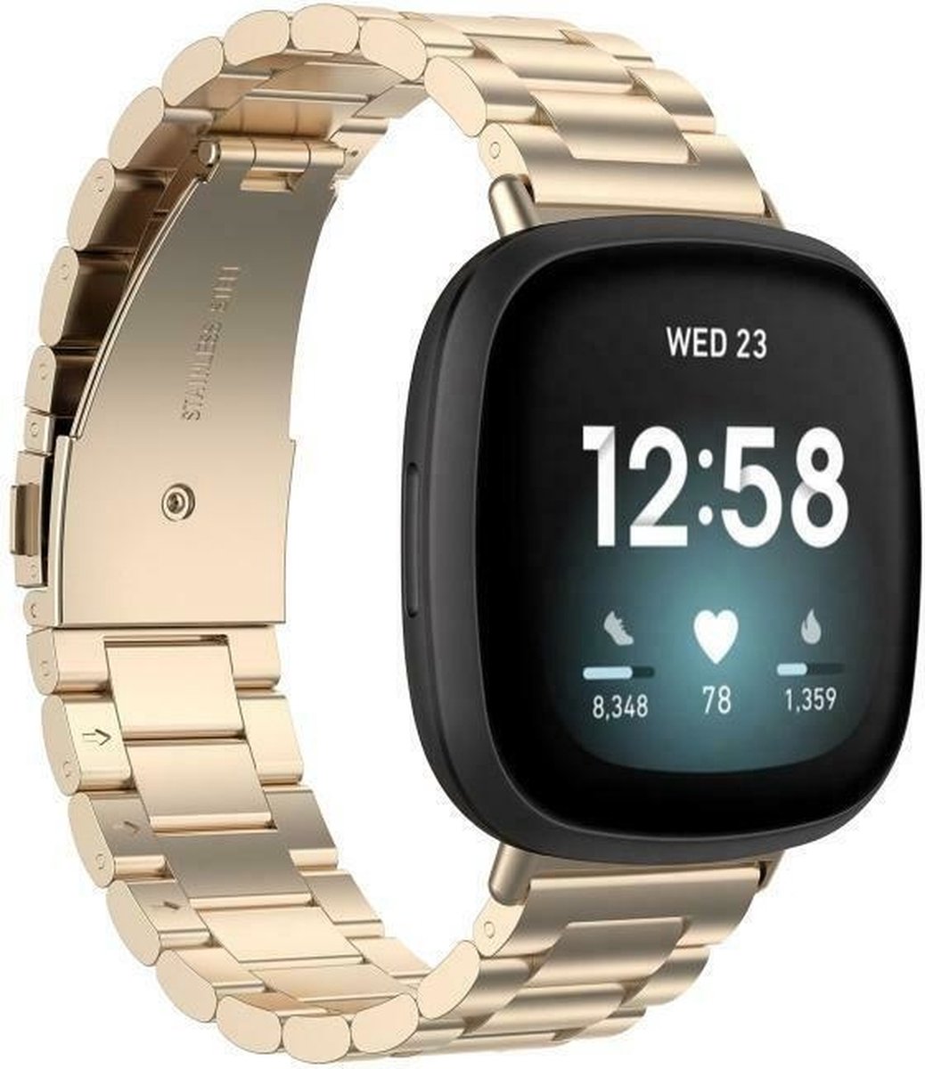 Strap-it Stalen schakel bandje - geschikt voor Fitbit Versa 3 / Fitbit Sense - champagne