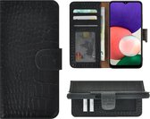 Hoesje Samsung Galaxy A22 5G - Bookcase - Samsung A22 5G Wallet Book Case Echt Leer Croco Zwart Cover
