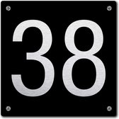 Huisnummerbord - huisnummer 38 - zwart - 12 x 12 cm - rvs look - schroeven - naambordje - nummerbord  - voordeur