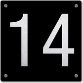 Huisnummerbord - huisnummer 14 - zwart - 12 x 12 cm - rvs look - schroeven - naambordje - nummerbord  - voordeur
