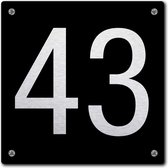 Huisnummerbord - huisnummer 43 - zwart - 12 x 12 cm - rvs look - schroeven - naambordje - nummerbord  - voordeur