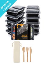 Meal Prep Bakjes Met Duurzaam Herbruikbaar Bestek - 20 Stuks - 2 Compartiment - Bestek Met Opbergdoos - Diepvriesbakjes - Lunchbox - Vershouddoos - Vershoudbakjes - Plasticbakjes Met Deksel -