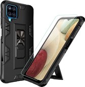 Samsung Galaxy A12 Hoesje Zwart & Glazen Screenprotector - Magnetic Kickstand Armor Case