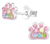 Joy|S - Zilveren kat hond dierenpoot oorbellen - roze met kristal multicolor - 7 x 5 mm - poot afdruk