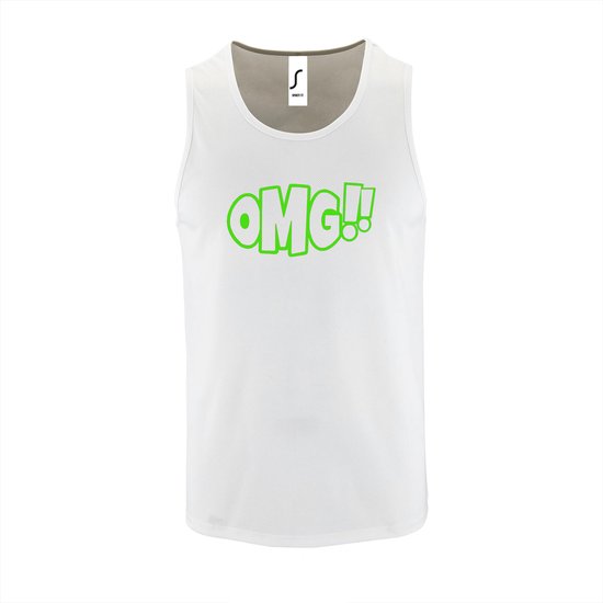 Witte Tanktop sportshirt met "OMG!' (O my God)" Print Neon Groen Size XL