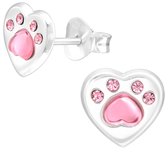 Joy|S - Zilveren hartje oorbellen - met dierenpoot roze met kristal - 8 x 7 mm - poot afdruk